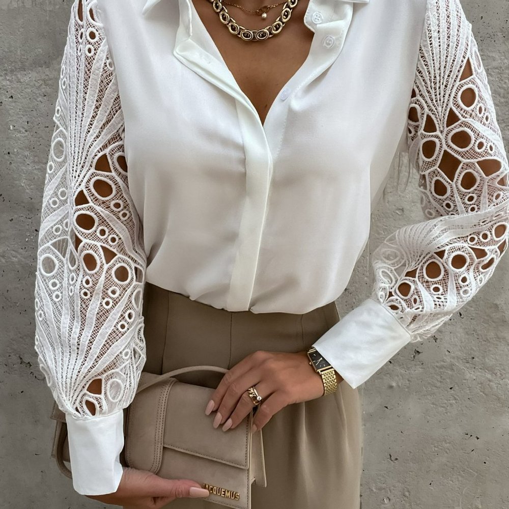 Elegant Hollow Out Solid Color Blouse Collar Long Sleeve - Picture 8 of 9